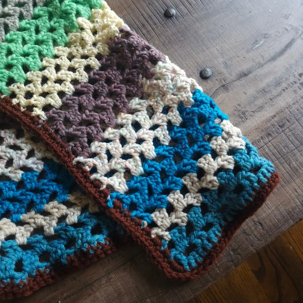 Handmade Crochet Granny Stitch Vest Multi Color Striped Boho Open Front 1970s 60